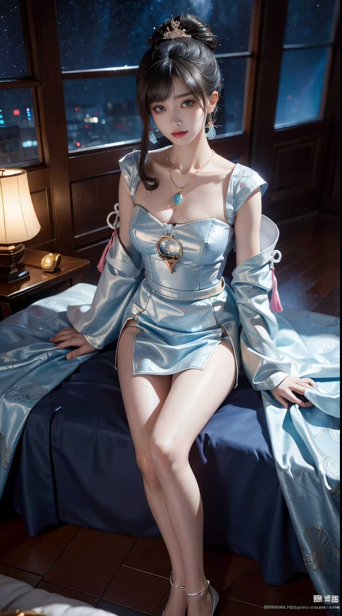 ayaka, genshin impact, kamisato ayaka, ((full body)), ((from above)), ((Satellite view)), ((Lying in bed)), clear face, pretty face, 8k, masterpiece, original photo, best quality, detail:1.2,lifelike, detail, Very detailed, CG, unified, wallpapers, depth of field, movie light, lens flare, Ray tracing, (extremely beautiful face, beautiful lips, beautiful eyes), intricate, detail face, ((ultra detailed skin)), 1 girl, in the darkness, deep shadow, beautiful korean girl, kpop idol,(Very slim figure:1.3), A plump chest, Large breasts, Slender sexy legs, Very nice legs, elegant posture, (bright smile), (City night, (neon lights), (night), beautiful korean girl, white diamond earrings, Diameter bracelet, Dia necklace, clear eyes, (big eyes)