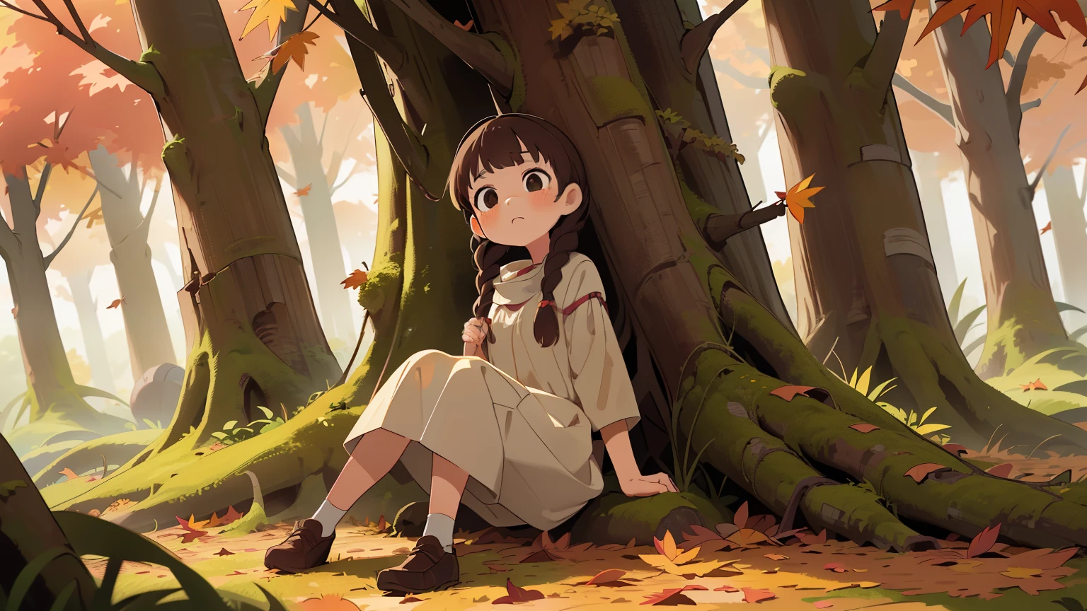 girl、art、full body angle、((切り株に座るgirl、sottle woman、french braid、Natural color clothing))、natural look、highest quality、super detailed、high quality details、８ｋ、(((autumn leaves:1.5、deep autumn forest、Tree leakage day、silence)))