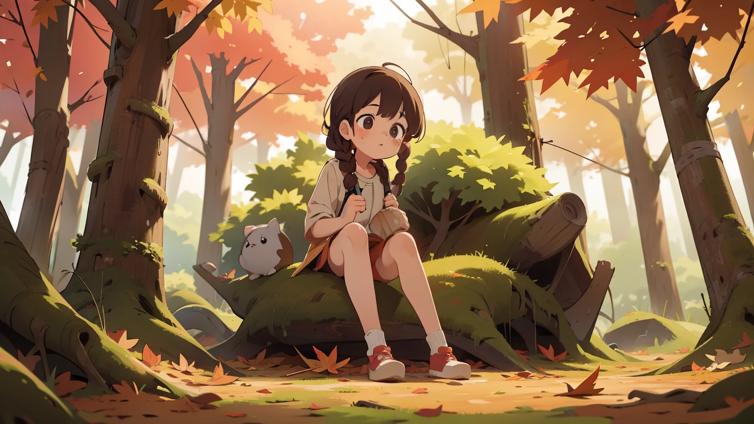 girl、art、full body angle、((切り株に座るgirl、solo、little woman、french braid、Natural color clothing))、natural look、highest quality、super detailed、high quality details、８ｋ、(((autumn leaves:1.5、deep autumn forest、Tree leakage day、silence)))