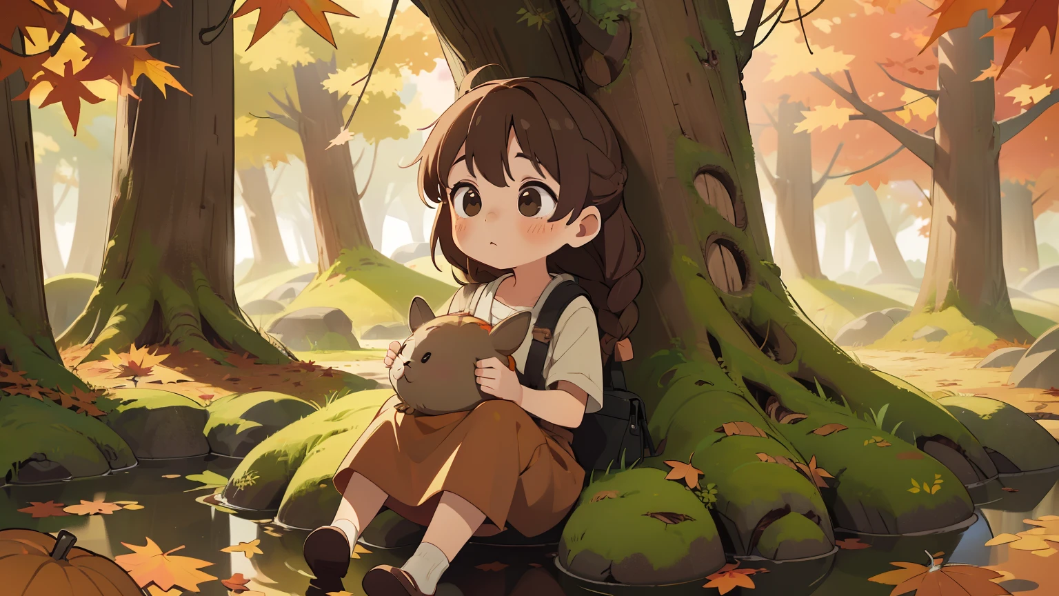 girl、art、full body angle、((切り株に座るgirl:1.2、sottle woman、french braid、Natural color clothing))、Totoro、Totoroの森、natural look、highest quality、super detailed、high quality details、８ｋ、(((autumn leaves:1.5、deep autumn forest、Tree leakage day、silence)))