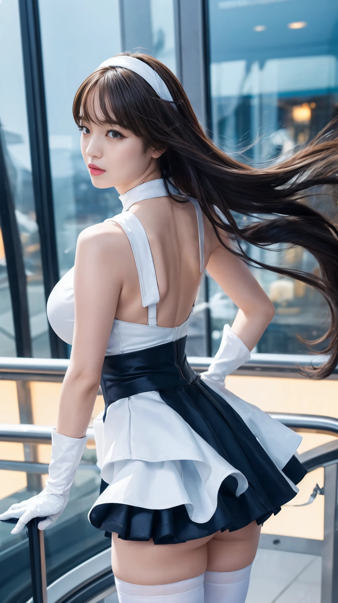 ((best quality)), ((masterpiece)), ((1girl)), solo, Ferry, ((long hair)), FerryBase, ((thighhighs)), bare shoulders, ((jewelry)), ((sleeveless)), white dress, blue skirt, ((gloves)), thigh-high, from behind. Big breasts and slender body 