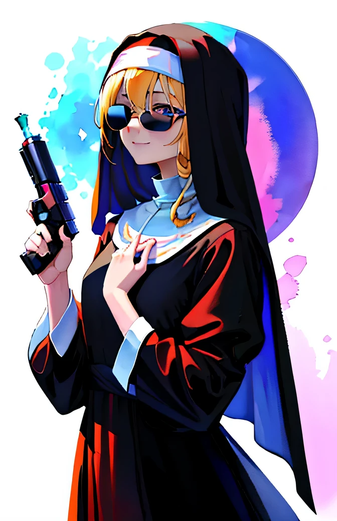 humanoid、alone、nun、black clothes、nun、woman、young、blonde、blue eyes、look forward、upright、hands of prayer、smile、none、hand gun、hand gun、sunglasses、色の濃いsunglasses、(accurate hand depiction)、nice、villain、monastic clothes、No exposure、watercolor painting、pale colour、ambiguous brightness、white background、highest quality、Detail view、anime、trigger