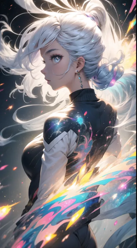 girl, (back view), silver hair, perfect face, detailed face, colorful, lots of details,  juicy girl, astral projection, energies...