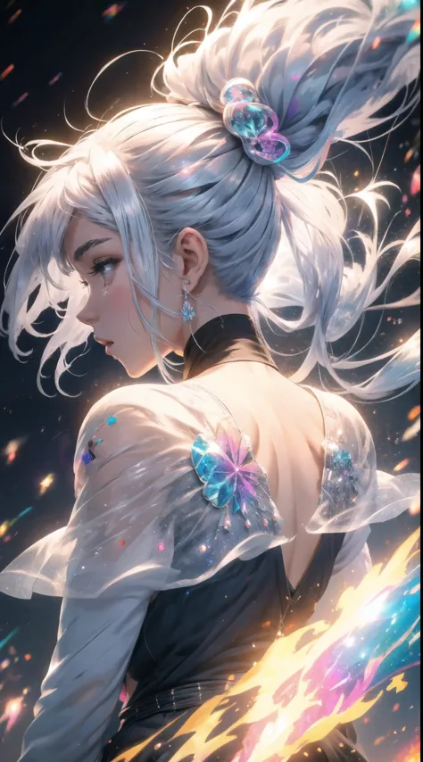 girl, (back view), silver hair, perfect face, detailed face, colorful, lots of details,  juicy girl, astral projection, energies...