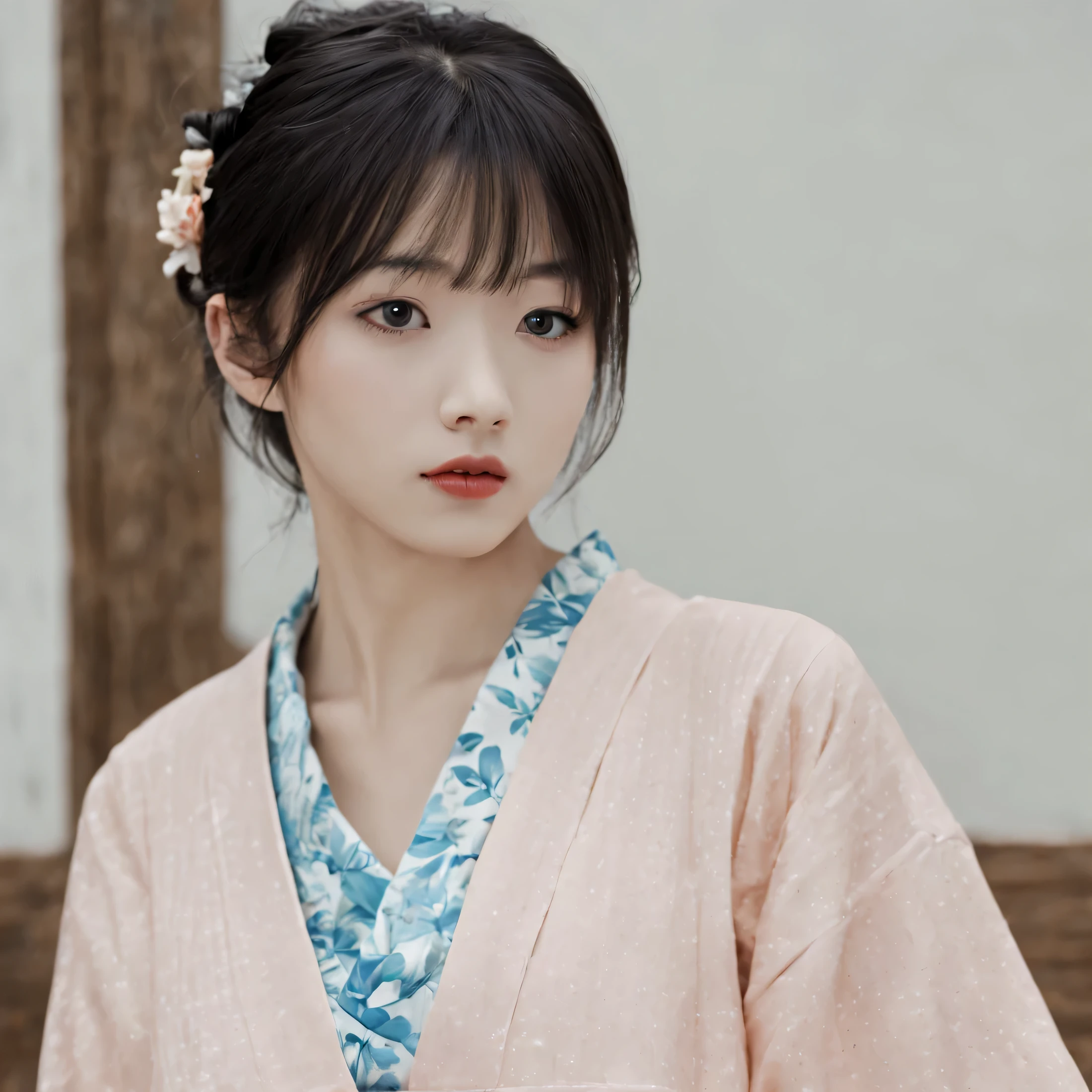 perfect face、komachi、best facial features、short hair, (((Yukata))), black hair, hair behind the ear, parted bangs, asymmetrical bangs, flowing bangs, Mismatched pupils, mismatched sclera, Mismatched pupils, UHD, Accurate, anatomically correct, Super detailed, advanced details, highest quality, High resolution