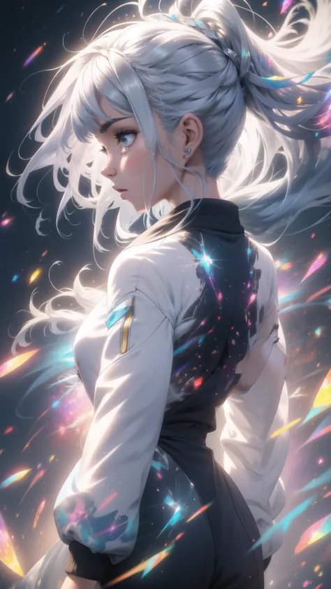 girl, (back view), silver hair, perfect face, detailed face, colorful, lots of details,  juicy girl, astral projection, energies...