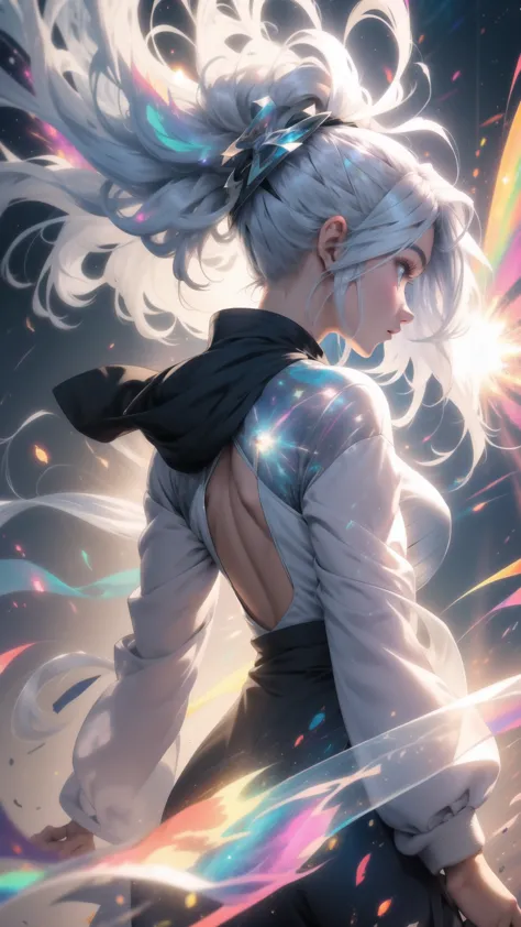 girl, (back view), silver hair, perfect face, detailed face, colorful, lots of details,  juicy girl, astral projection, energies...
