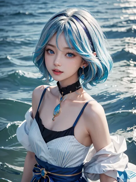 1girl、solo、looking at the audience、Smile、medium long hair、open mouth、Bangs、blue eyes、bare shoulders、jewelry、Upper body、blue hair、earrings、O cabelo multicolorido、collar、virtual_youtuber、Vest、water、Off the shoulders、black dress、striped hair、tattoo、Floating h...