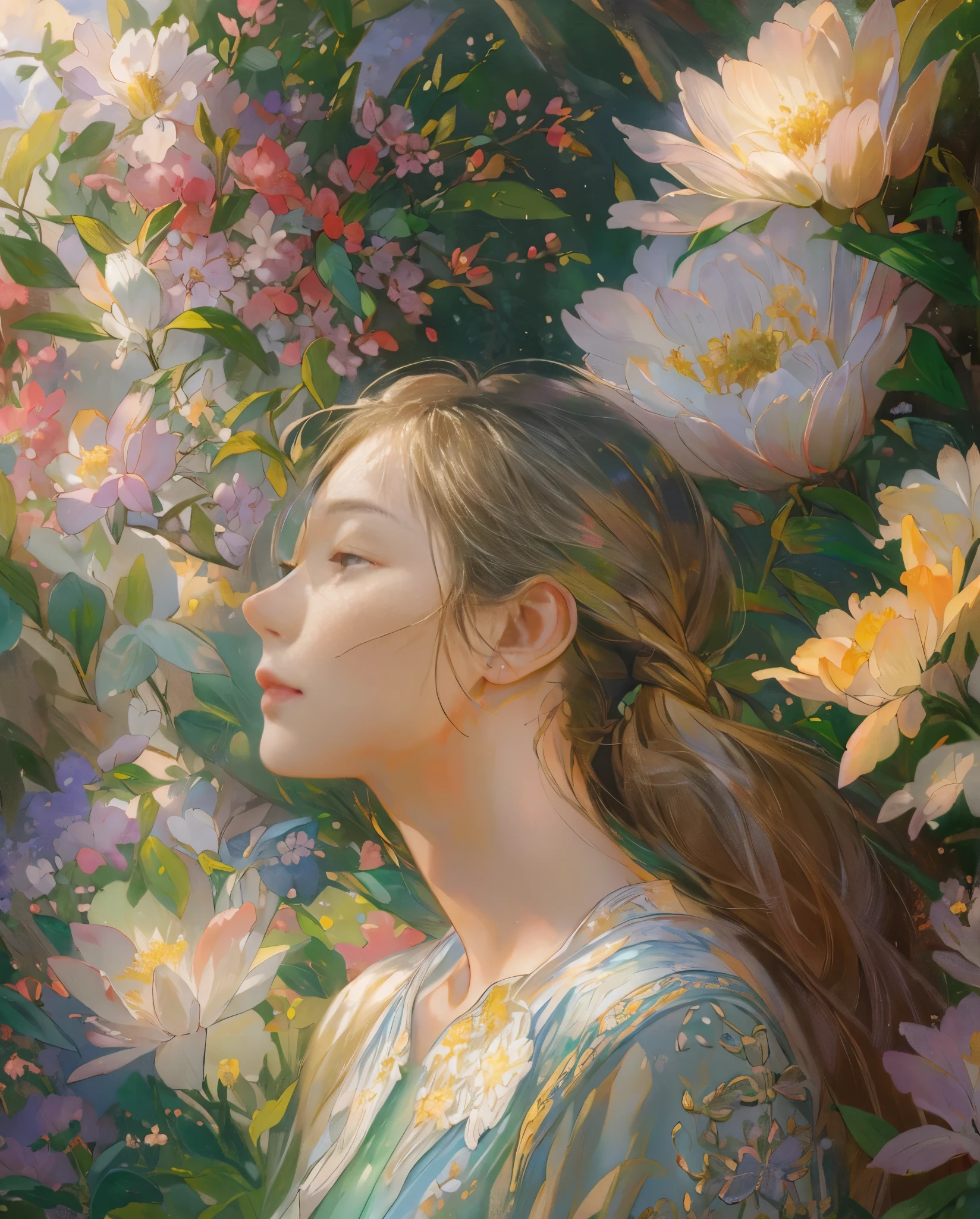 (photorealistic:1.37),(professional),(bright colors),(sharp focus),(human development report),portrait,woman in fantasy garden,soft light,Radiant expression,natural posture,flowers in the background,Subtle color palette,Fine strokes,pastel tones,Beautiful features,peaceful atmosphere