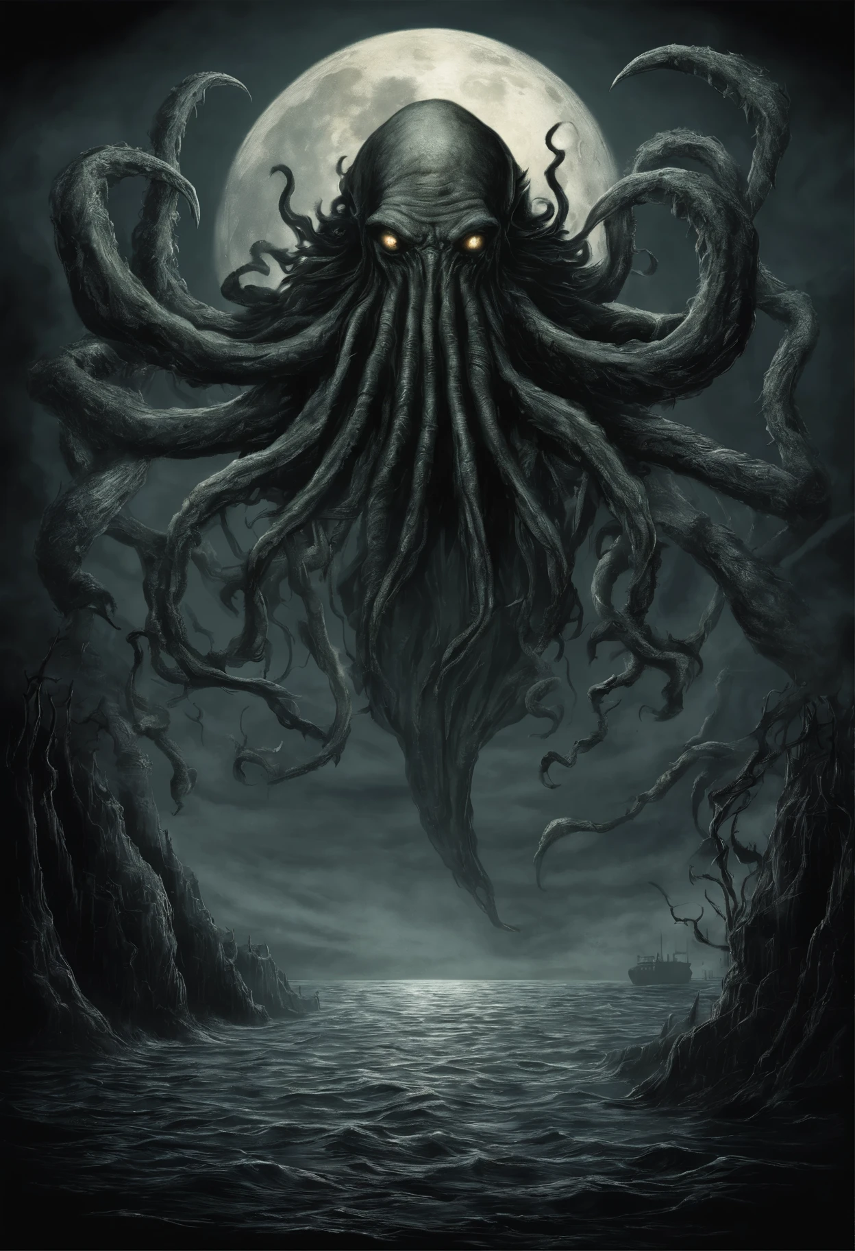 A painting of a giant octopus floating in the ocean with a full moon in ...