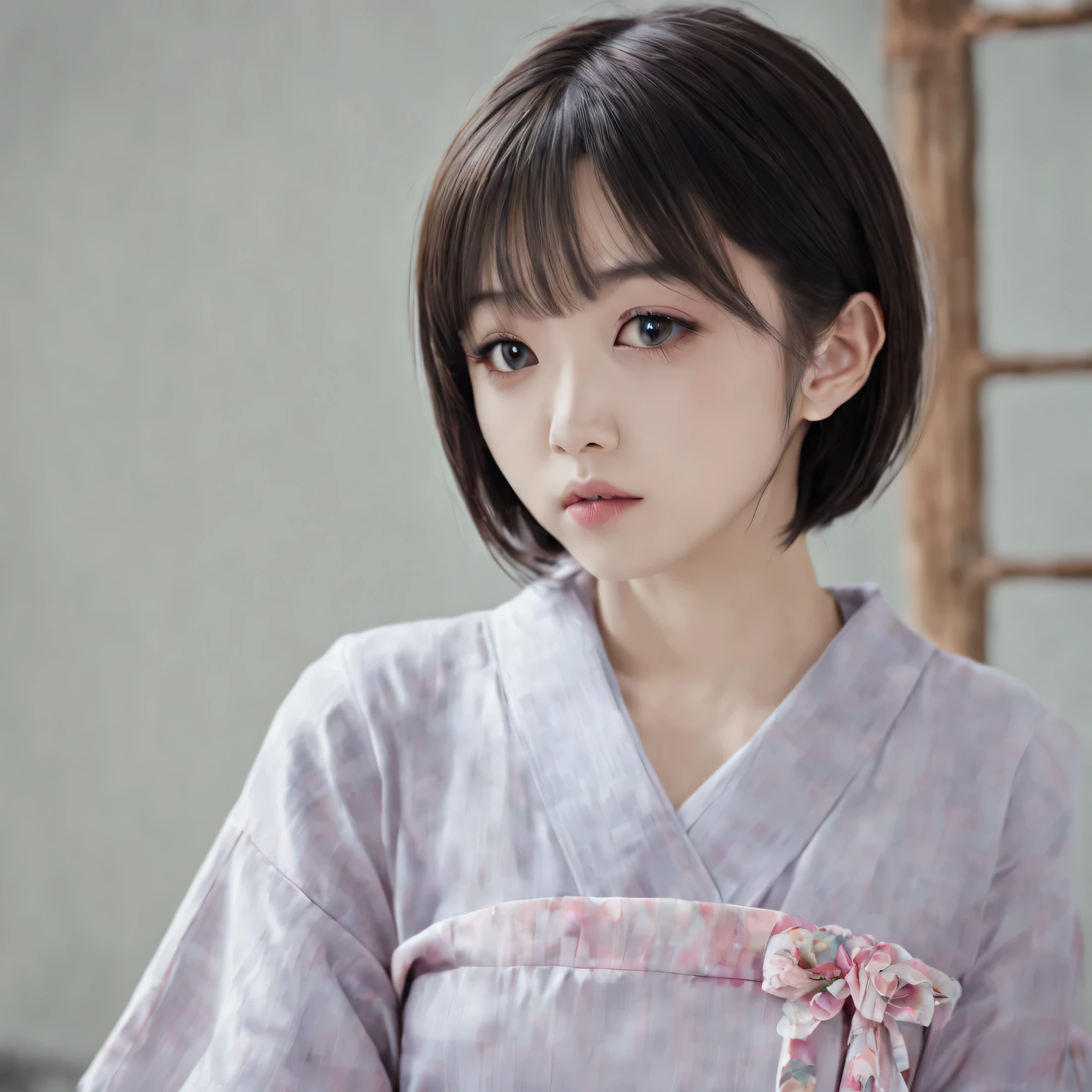 perfect face、komachi、best facial features、(((short hair))), (((Yukata))), black hair, hair behind the ear, parted bangs, asymmetrical bangs, flowing bangs, Mismatched pupils, mismatched sclera, Mismatched pupils, UHD, Accurate, anatomically correct, Super detailed, advanced details, highest quality, High resolution