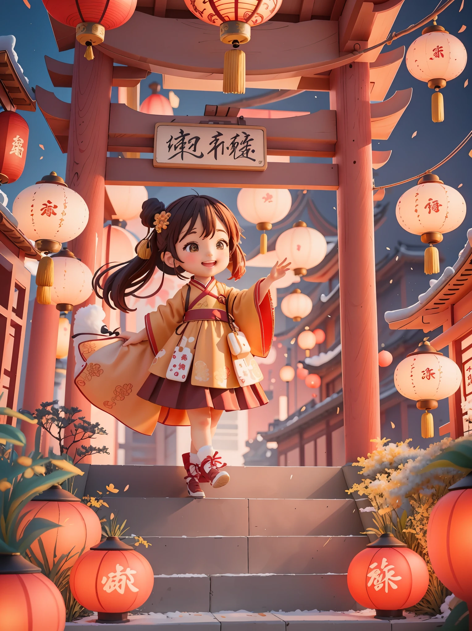 （masterpiece，quality，Best quality，official art，Beauty and aesthetics：1.2），CNY,（1 cute girl：1.3），alone，Brown double ponytail，(Chinese fabric:1.2), Wearing Hanfu，happy，（Holding a big red carp：1.3），Smile，Welcome the winter solstice，The content is very detailed，（fractal art：1.1），（a color：1.1），Big red lanterns hang high behind you，（ tangled:1.2), (dynamic poses)，(Symmetrical composition）， (solid color background:1.3), (皮肤发Light), (Many colors:1.2), (Decorative painting：1.3)，Light,ink画和ink画，ink，