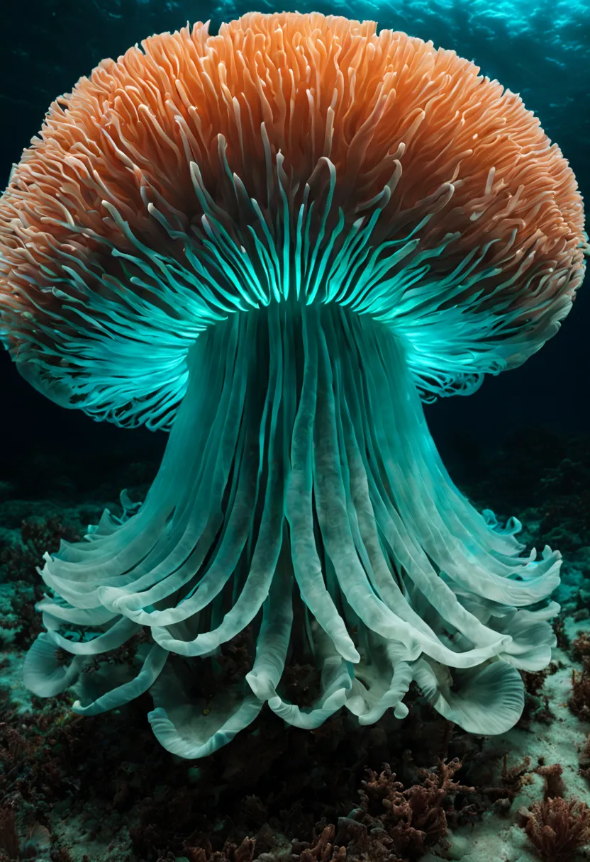 Bioluminescent mushroom looks like a giant sea anemone, seabed, super wide angle, octane rendering, enhancing, complex