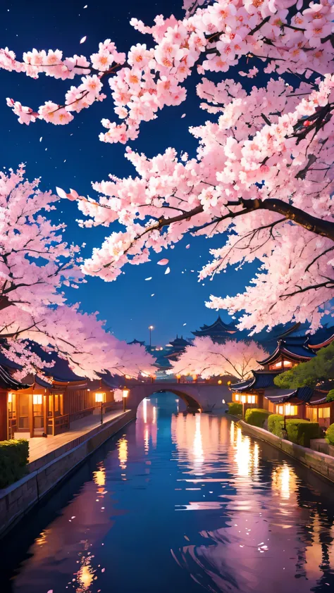 Chinese beautiful city, cherry blossoms, moonlight night