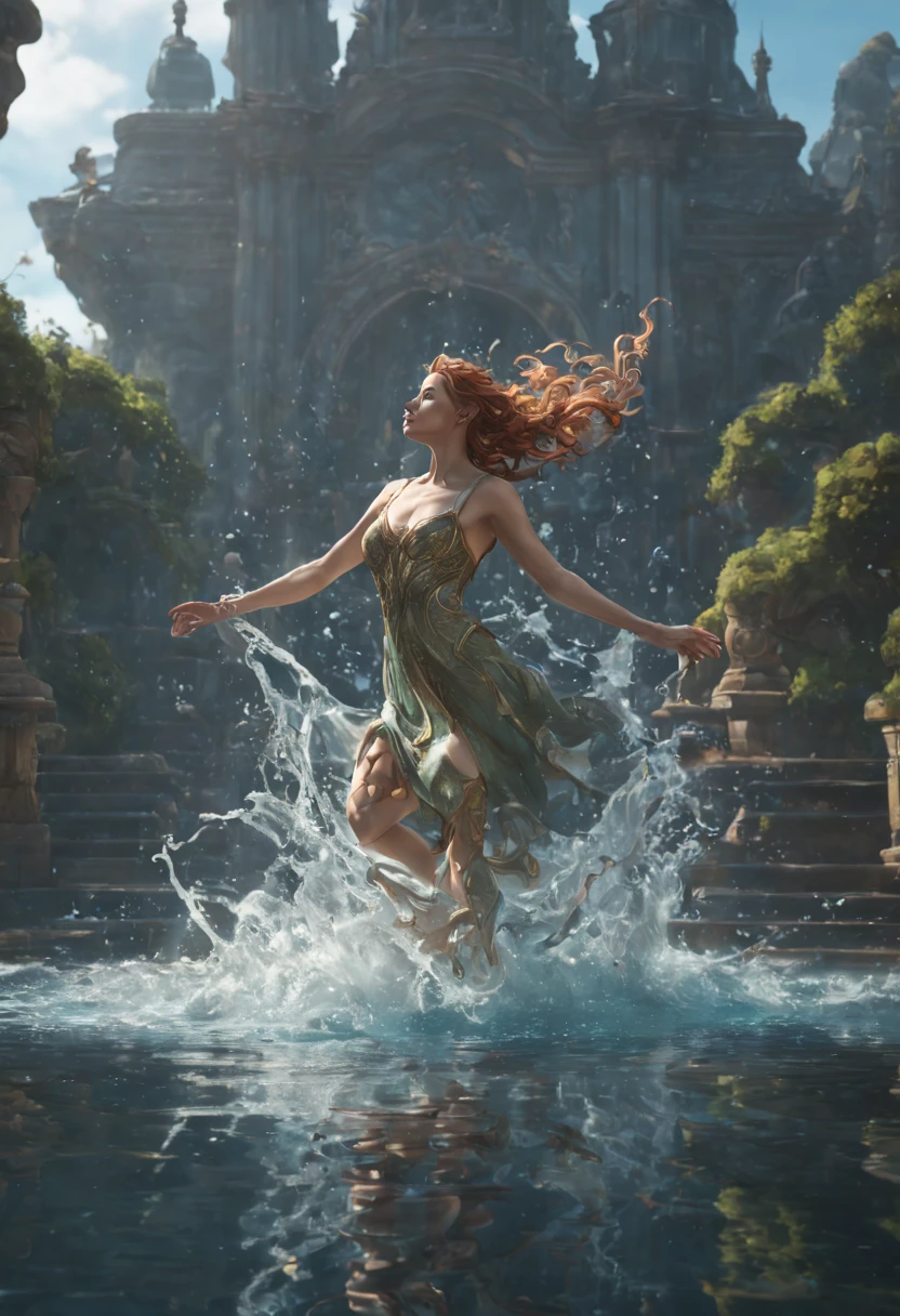 8k resolution concept art by Greg Rutkowski, Artgerm, WLOP, Alphonse Mucha with dynamic lighting and intricate details. Splash art trending on Artstation with Unreal Engine 5 volumetric lighting. Features a girl figure made of water, water statue, water hair, water elemental girl, undine, water reflections, water flow, crystal wet body. Reimagined by industrial light and magic with 4k resolution post-processing. Also includes references to Pixar, Disney, Studio Ghibli, and Anime Key Visual styles. Uses natural lighting and beautiful composition. Hyper-realistic water effects with transparent and glass-like features. Incorporates neo-impressionism and post-impressionism painting styles with textured layers of paint.