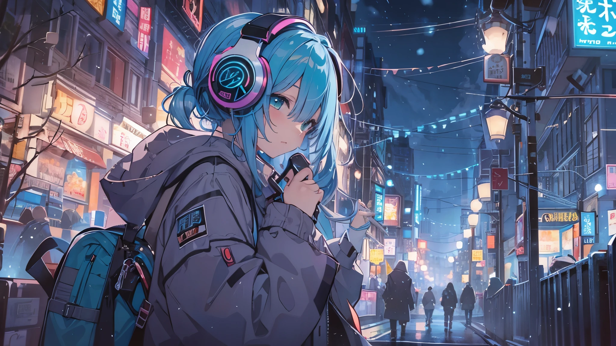 　Tsundere　Female Main　Background is blurred　Draw only the upper body　Woman with blue hair　Style artwork of a lonely Gweiz wearing headphones、beautiful anime、 Alone　Gwythe、beautiful anime girl、beautiful anime girl、Anime girl with teal hair、anime style。8K、Bowater's Art Style、beautiful digital illustrations、beautiful character painting、Stunning Anime Face Portrait Mikudayo, official artwork, lofi girl, lofi artstyle,, halfbeak, anime atmosphere, 富士フイルムと混ぜたanime style, digital anime illustration, anime wallpaper 4k　Girl with headphones 　downtown at night　colorful street lights　christmas decorations　snow　