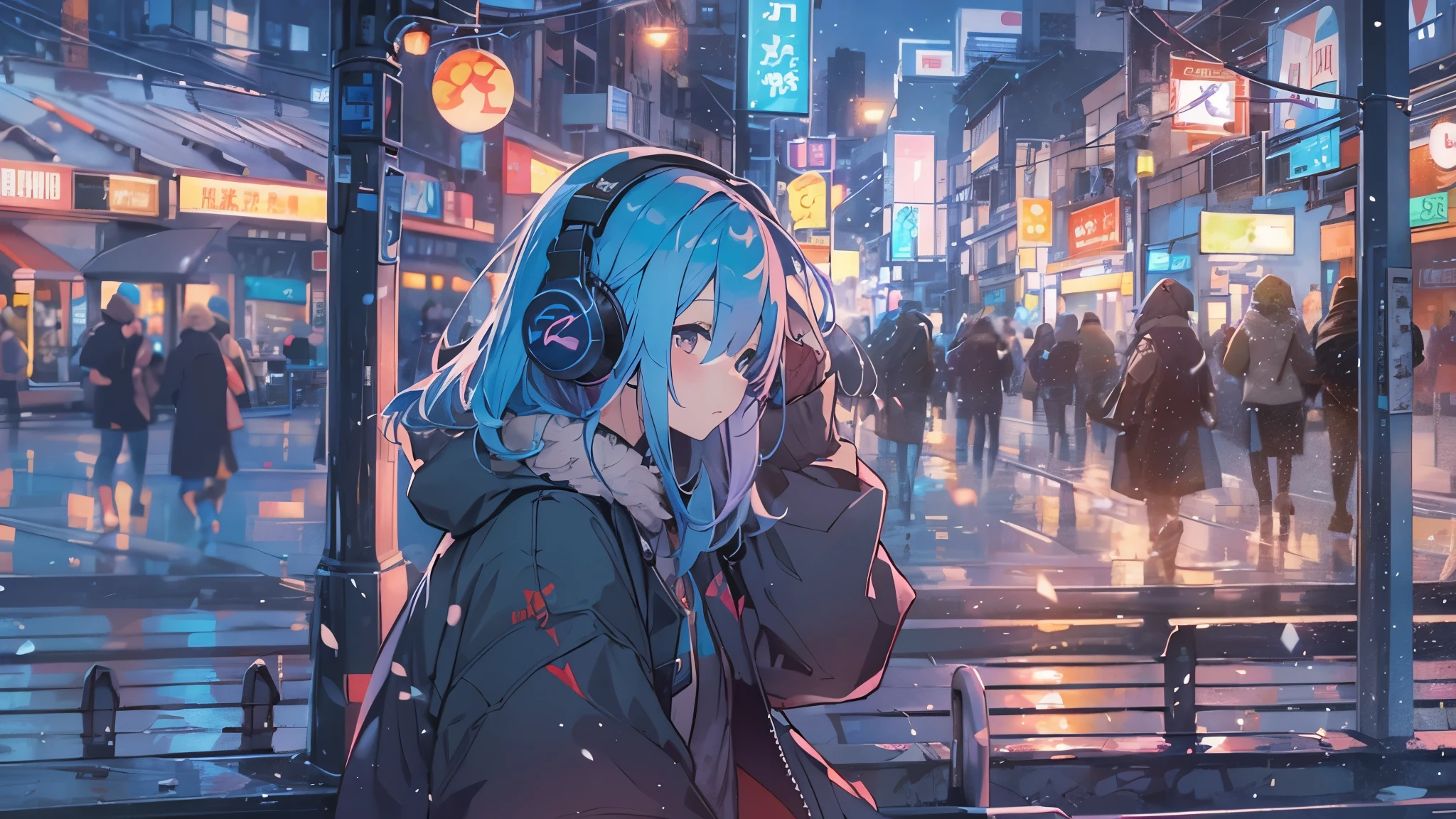 　Tsundere　Female Main　Background is blurred　Draw only the upper body　Woman with blue hair　Style artwork of a lonely Gweiz wearing headphones、beautiful anime、 Alone　Gwythe、beautiful anime girl、beautiful anime girl、Anime girl with teal hair、anime style。8K、Bowater's Art Style、beautiful digital illustrations、beautiful character painting、Stunning Anime Face Portrait Mikudayo, official artwork, lofi girl, lofi artstyle,, halfbeak, anime atmosphere, 富士フイルムと混ぜたanime style, digital anime illustration, anime wallpaper 4k　Girl with headphones 　downtown at night　colorful street lights　christmas decorations　snow　