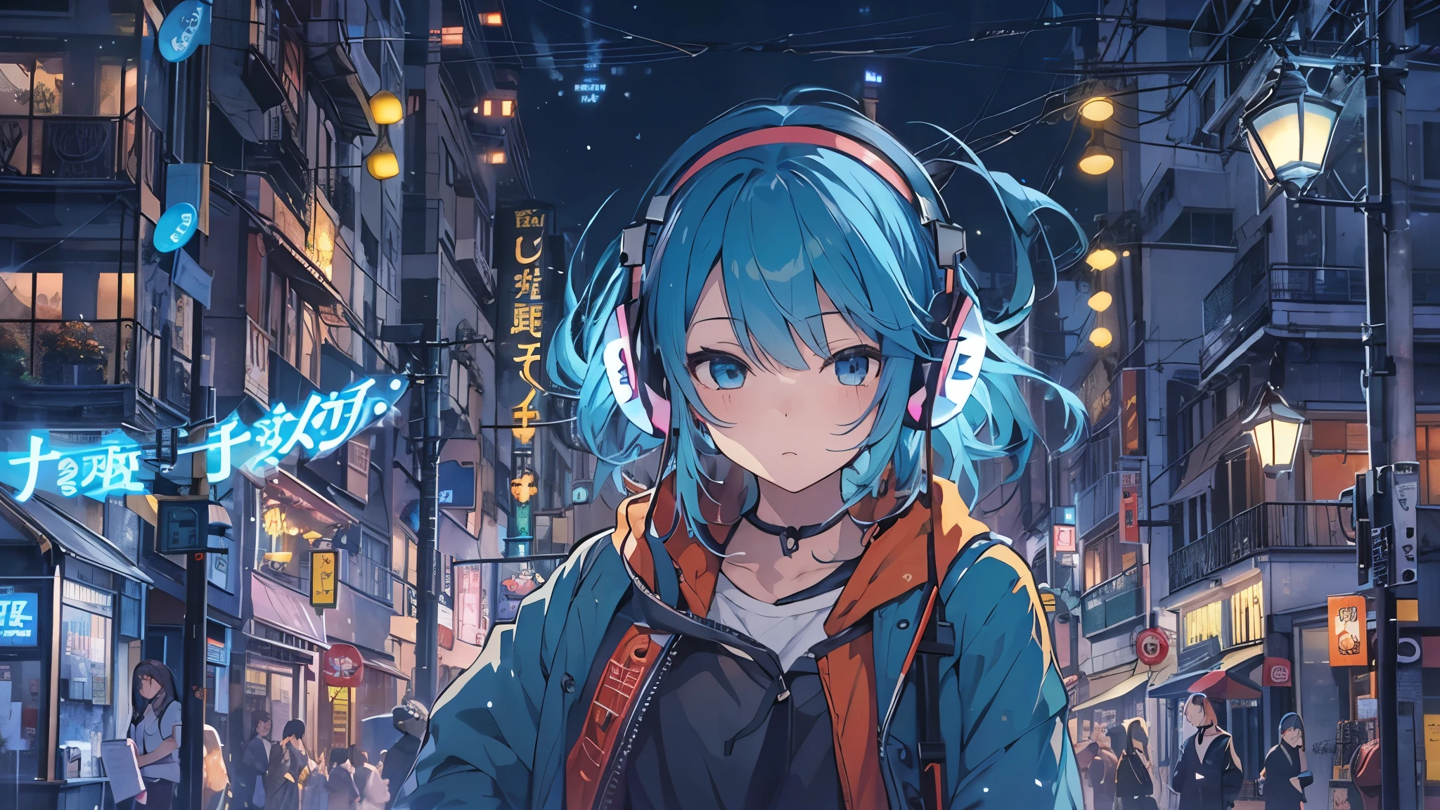 Tsundere　Female Main　Background is blurred　Draw only the upper body　Woman with blue hair　Style artwork of a lonely Gweiz wearing headphones、beautiful anime、 Alone　Gwythe、beautiful anime girl、beautiful anime girl、Anime girl with teal hair、anime style。8K、Bowater's Art Style、beautiful digital illustrations、beautiful character painting、Stunning Anime Face Portrait Mikudayo, official artwork, lofi girl, lofi artstyle,, halfbeak, anime atmosphere, 富士フイルムと混ぜたanime style, digital anime illustration, anime wallpaper 4k　Girl with headphones 　downtown at night　colorful street lights　christmas decorations　snow　