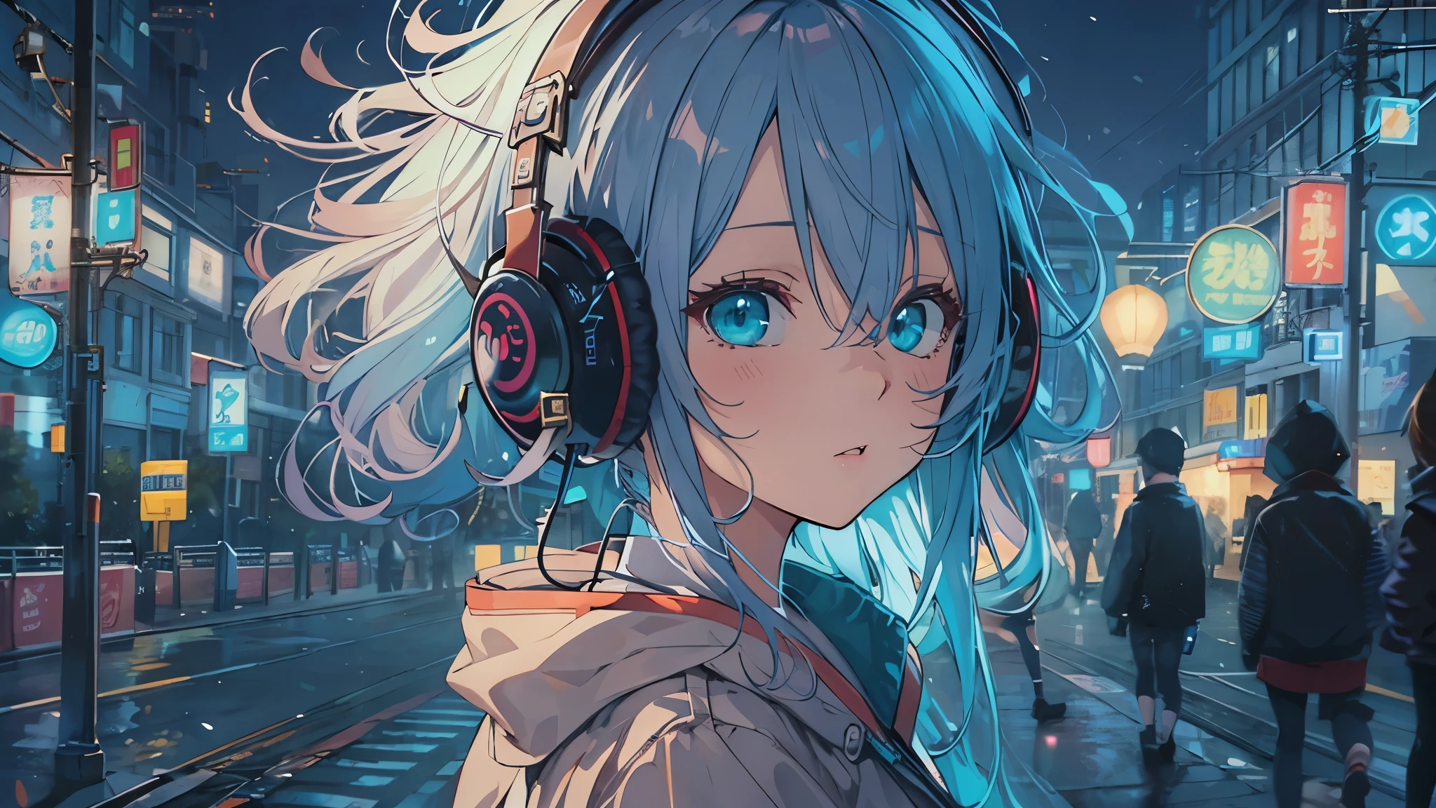 Tsundere　Female Main　Background is blurred　Draw only the upper body　Woman with blue hair　Style artwork of a lonely Gweiz wearing headphones、beautiful anime、 Alone　Gwythe、beautiful anime girl、beautiful anime girl、Anime girl with teal hair、anime style。8K、Bowater's Art Style、beautiful digital illustrations、beautiful character painting、Stunning Anime Face Portrait Mikudayo, official artwork, lofi girl, lofi artstyle,, halfbeak, anime atmosphere, 富士フイルムと混ぜたanime style, digital anime illustration, anime wallpaper 4k　Girl with headphones 　downtown at night　colorful street lights　christmas decorations　snow　