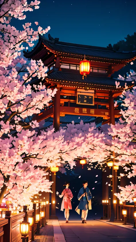 Bela cidade chinesa, flores de cerejeira, noite de lua cheia, pessoas na rua