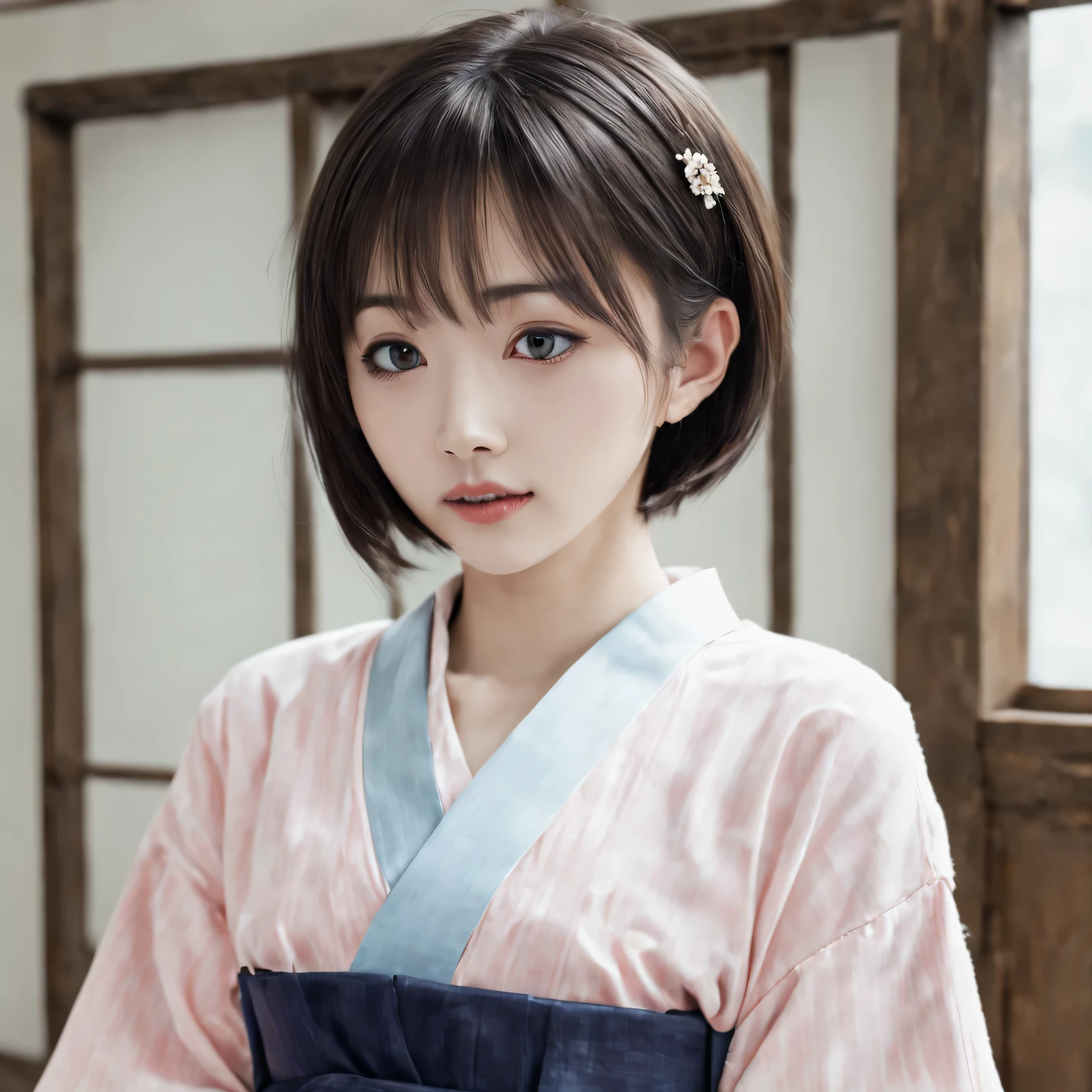 perfect face、komachi、best facial features、(((short hair))), (((Yukata))), ((Women who look good in Japanese clothes)),(((Beautiful double)))black hair, hair behind the ear, parted bangs, asymmetrical bangs, flowing bangs, Mismatched pupils, mismatched sclera, Mismatched pupils, UHD, Accurate, anatomically correct, Super detailed, advanced details, highest quality, High resolution