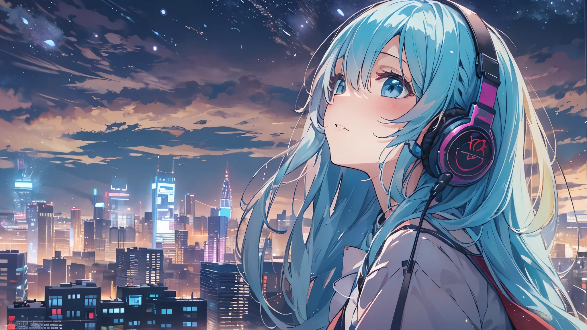 Tsundere　Female Main　Background is blurred　Draw only the upper body　Woman with blue hair　sad　Lonely face　upward glance　Style artwork of a lonely Gweiz wearing headphones、beautiful anime、 Alone　Gwythe、beautiful anime girl、beautiful anime girl、Anime girl with teal hair、anime style。8K、Bowater's Art Style、beautiful digital illustrations、beautiful character painting、Stunning Anime Face Portrait Mikudayo, official artwork, lofi girl, lofi artstyle,, halfbeak, anime atmosphere, 富士フイルムと混ぜたanime style, digital anime illustration, anime wallpaper 4k　Girl wearing headphones, starry sky　night view　girl looking at the starry sky　Crescent Moon