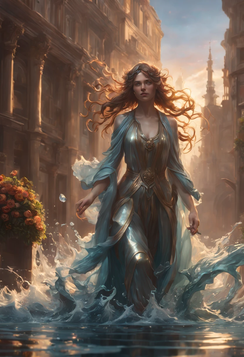 8k resolution concept art by Greg Rutkowski, Artgerm, WLOP, Alphonse Mucha with dynamic lighting and intricate details. Splash art trending on Artstation with Unreal Engine 5 volumetric lighting. Features a girl figure made of water, water statue, water hair, water elemental girl, undine, water reflections, water flow, crystal wet body. Reimagined by industrial light and magic with 4k resolution post-processing. Also includes references to Pixar, Disney, Studio Ghibli, and Anime Key Visual styles. Uses natural lighting and beautiful composition. Hyper-realistic water effects with transparent and glass-like features. Incorporates neo-impressionism and post-impressionism painting styles with textured layers of paint.