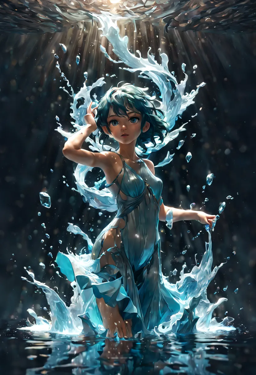 1girl, features a girl figure made of water, water statue, water hair, water elemental girl, undine, water reflections, water fl...