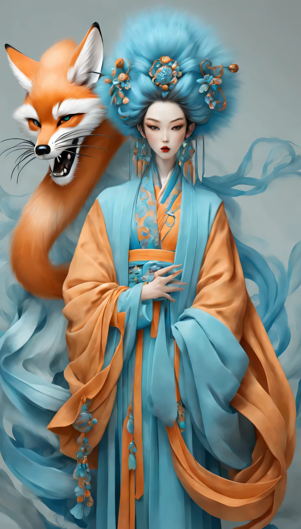 Orange and blue fashion painting, Zbrush style, East, Soft realism, surreal details, turquoise and sky blue, Wrapped in a nine-tailed demon fox, - Rainbow 5-s 50-ar 9:16-Chaos 5