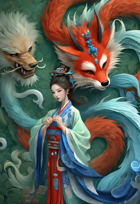 Zbrush style red and blue fashion painting, East, Featuring soft realism and surreal details, Green and sky blue, wrapped tail, ...