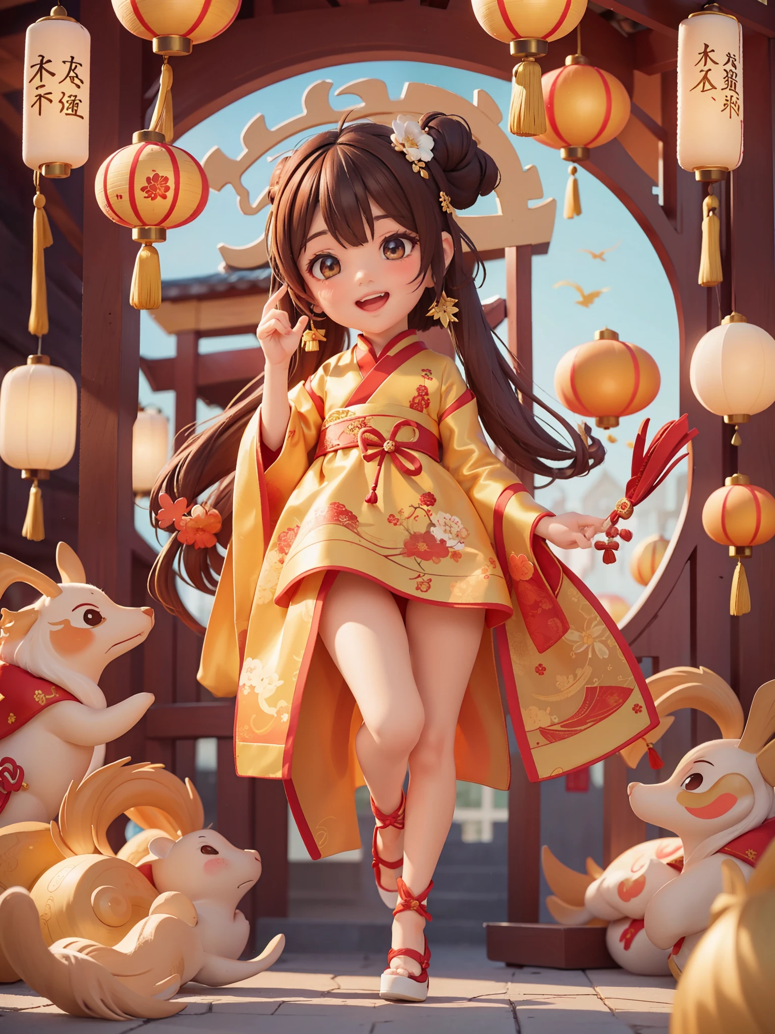 Create a series of Chinese New Year themed decorative paintings，Greeting Cards，（masterpiece)，(best quality)，(official art)，(Beauty and aesthetics:1.2)，Two exquisite koi fish surround a cute little girl，Little girls must wear(Chinese fabric:1.2)exquisite hanfu，She has brown twintails，Smiling happily to the audience，open mouth，所有Greeting Cards应遵循相同的中国红为纯色背景图案并在图像内完整, exhibit (whole body, including legs: 1.5)，She must have a dark brown round head. Your eyes should be large and expressive，long eyelashes and rosy cheeks，Smile is delicate and white，elegant movements，Bonito Advanced Certificate, Hair texture and details，Make the picture more Chinese style.