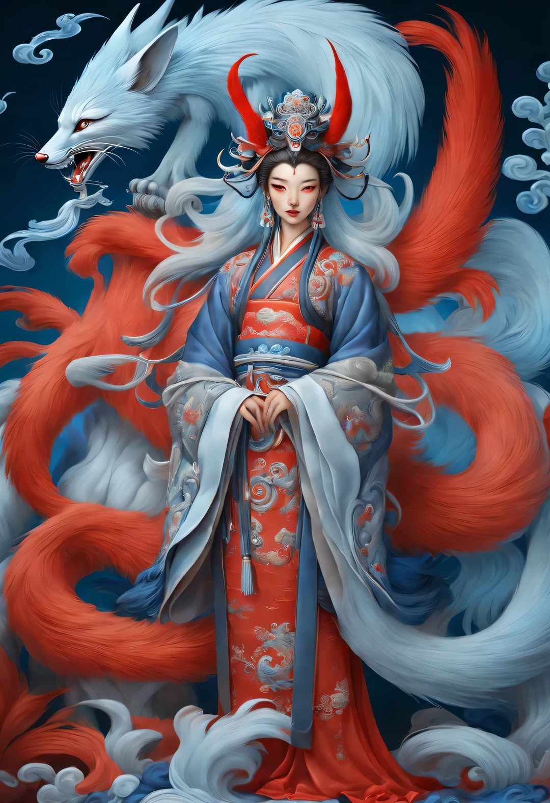 Zbrush style red and blue fashion painting, East, Featuring soft realism and surreal details, Shades of blue and sky blue. Many fluffy tails twine around the fox&#39;s nine charming red tails, Ancient Chinese mythical beast-Niji 5-s 50-ar 9:16-Chaos 5