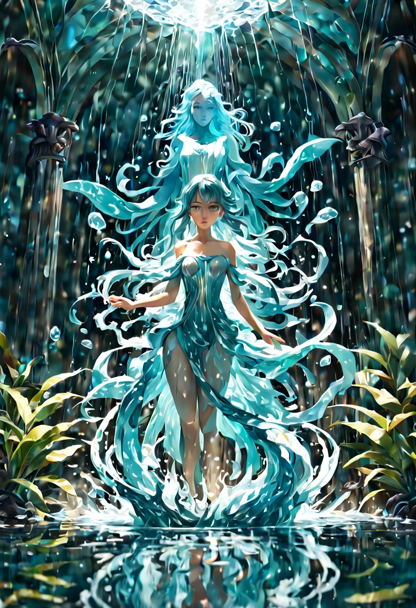 1girl, Features a girl figure made of water, water statue, water hair, water elemental girl, undine, water reflections, water flow, crystal wet body. Reimagined by industrial light and magic with 4k resolution post-processing. Also includes references to Pixar, Disney, Studio Ghibli, and Anime Key Visual styles. Uses natural lighting and beautiful composition. Hyper-realistic water effects with transparent and glass-like features. Incorporates neo-impressionism and post-impressionism painting styles with textured layers of paint. 8k resolution concept art by Greg Rutkowski, Artgerm, WLOP, Alphonse Mucha with dynamic lighting and intricate details. Splash art trending on Artstation with Unreal Engine 5 volumetric lighting. 