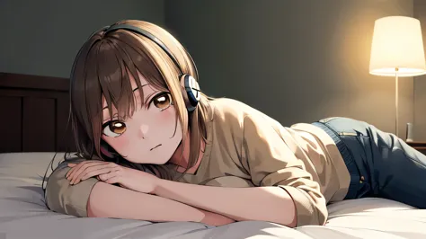 masterpiece, highest quality, High resolution, Achinatsu, medium hair, Girl listening to music in a cozy room at night, Use headphones, 2D anime style, hard disk, dark environment,lying on the bed、looks sleepy