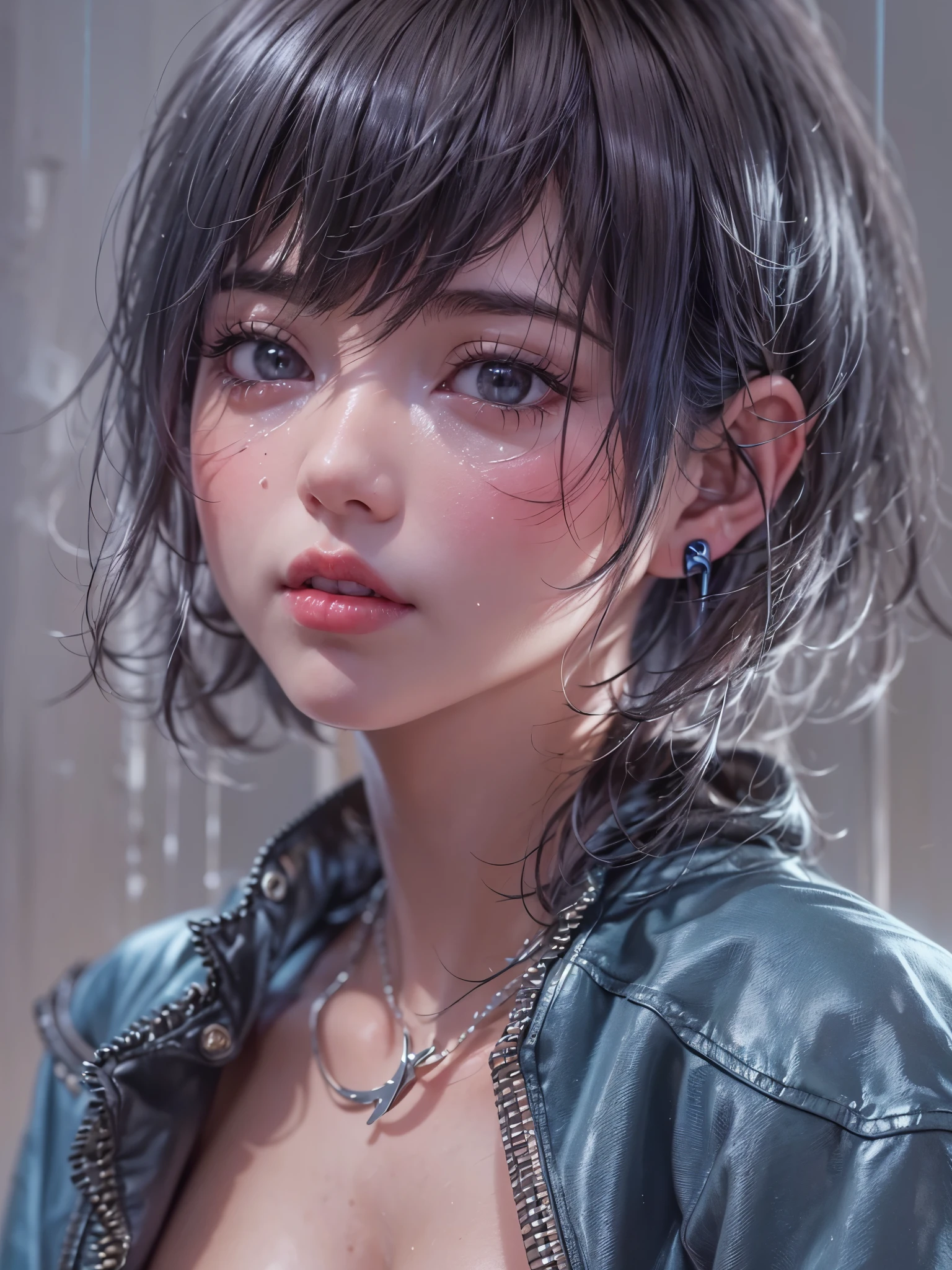 8k、master piece、highest quality、highest level、Highest image quality、muste piece、intricate details、high resolution、depth field、Natural light、professional lighting、(1 person)、独奏、asian boyish girl、(cute:1.2)、very beautiful 18 year old cartoon girl、(high detail skin: 1.2)、Photorealistic anime girl rendering、Realistic anime 3D style、short bob cut、、beautiful light brown hair、Intense black eyes、strong eye highlights、very big breasts、perfect anatomy、(Torn and tattered damaged denim hot pants)、Wearing shorts、choker、hands behind the back、beautiful brown hair、short hair、crossed bangs、asymmetrical bangs、short bob cut、stick out ears、eyelashes、black eyes、crying and crying、(sophisticated headphones)、(Tattoo on the chest)、Body shiny with oil、Black leather jacket、(METALLIC BRA)、Damaged blue short denim hot pants、it&#39;s raining、The body gets wet from the rain、Decadent and futuristic urban area in the evening、(Cyberpunk City)、(Futuristic cars、flashing red light)、(Lightning is glowing)、(Flashing blue and purple neon tubes)、