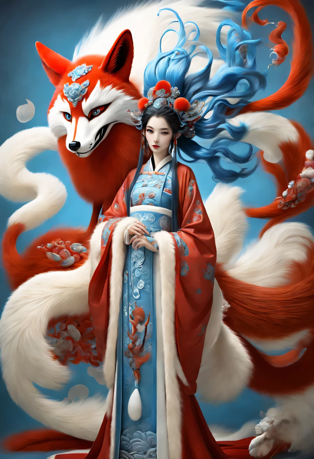 Pintura de moda roja y azul estilo Zbrush., estilo oriental, Suave realismo y detalles surrealistas., blue and sky blue tones, (un pelo blanco、blue eyes、Zorro con nueve colas rojas.), Muchas colas rojas esponjosas envueltas, Antiguas bestias míticas chinas, fantasía,