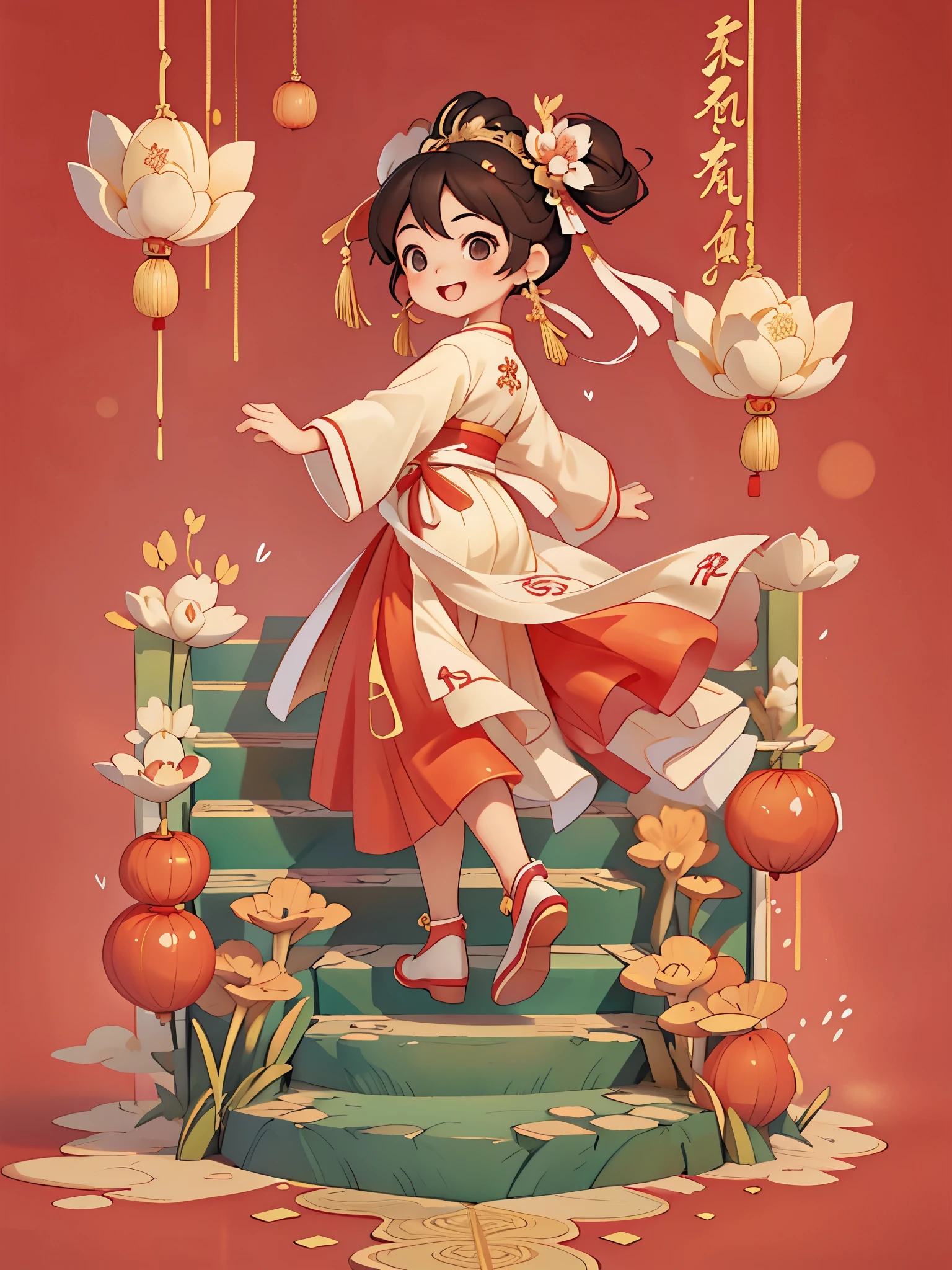 Create a series of Chinese New Year themed greeting cardasterpiece)，(best quality)，(official art)，(Beauty and aesthetics:1.2)，Cute little girl climbing up on the stairs，look back，Smiling happily to the audience，open mouth，The  must be wearing exquisite classical Hanfu，((long skirt))，She has brown twintails，All greeting cards should follow the same Chinese red pattern with a solid color background and be complete within the image, exhibit (whole body: 1.5)，She must have a dark brown round head. Your eyes should be large and expressive，long eyelashes and rosy cheeks，Smile is delicate and white，elegant movements，Bonito Advanced Certificate, Hair texture and detailake the picture more Chinese style.