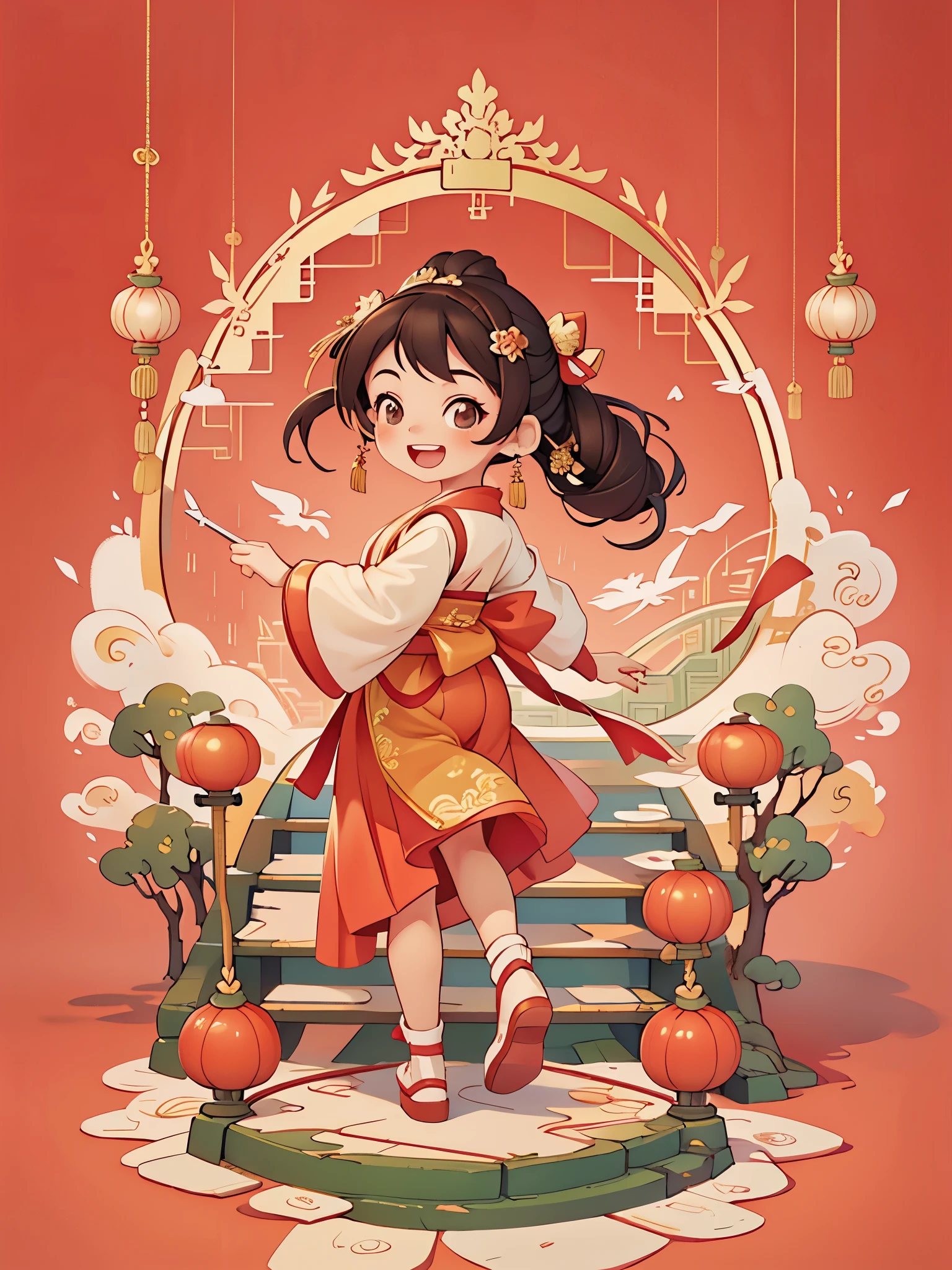 Create a series of Chinese New Year themed greeting cards，（masterpiece)，(best quality)，(official art)，(Beauty and aesthetics:1.2)，Cute little girl climbing up on the stairs，look back，Smiling happily to the audience，open mouth，The little girl must be wearing exquisite classical Hanfu，((long skirt))，She has brown twintails，All greeting cards should follow the same Chinese red pattern with a solid color background and be complete within the image, exhibit (whole body: 1.5)，She must have a dark brown round head. Your eyes should be large and expressive，long eyelashes and rosy cheeks，Smile is delicate and white，elegant movements，Bonito Advanced Certificate, Hair texture and details，Make the picture more Chinese style.