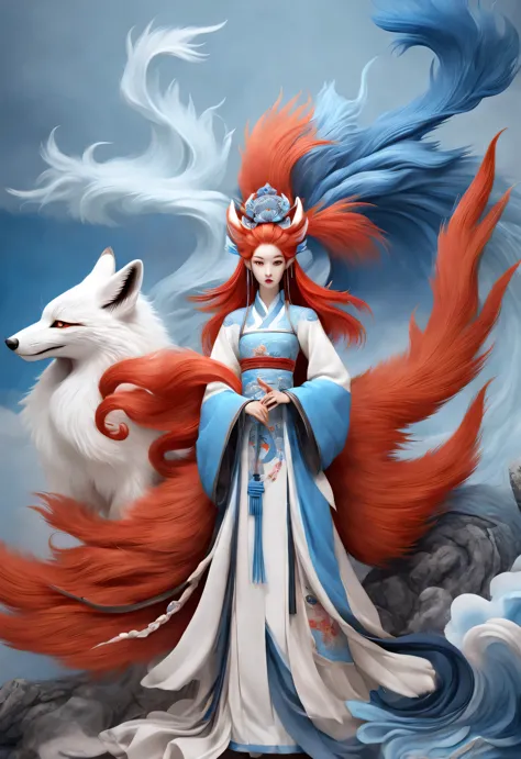 Zbrush style red and blue fashion painting, Oriental style, Soft realism and surreal details, blue and sky blue tones, (A fox wi...