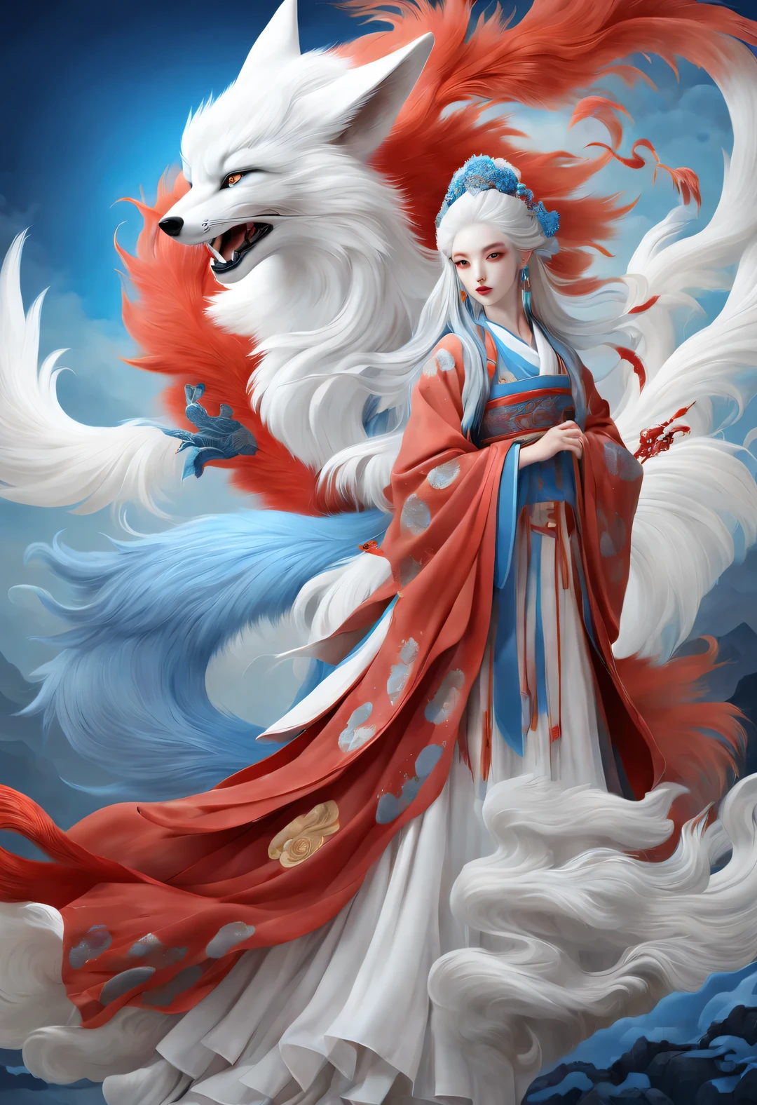 Pintura de moda roja y azul estilo Zbrush., estilo oriental, Suave realismo y detalles surrealistas., blue and sky blue tones, (Un zorro con sólo nueve colas rojas y ojos azules.), pelo blanco, Muchas colas rojas esponjosas envueltas, Antiguas bestias míticas chinas, Clásico de Montañas y Mares, fantasía,