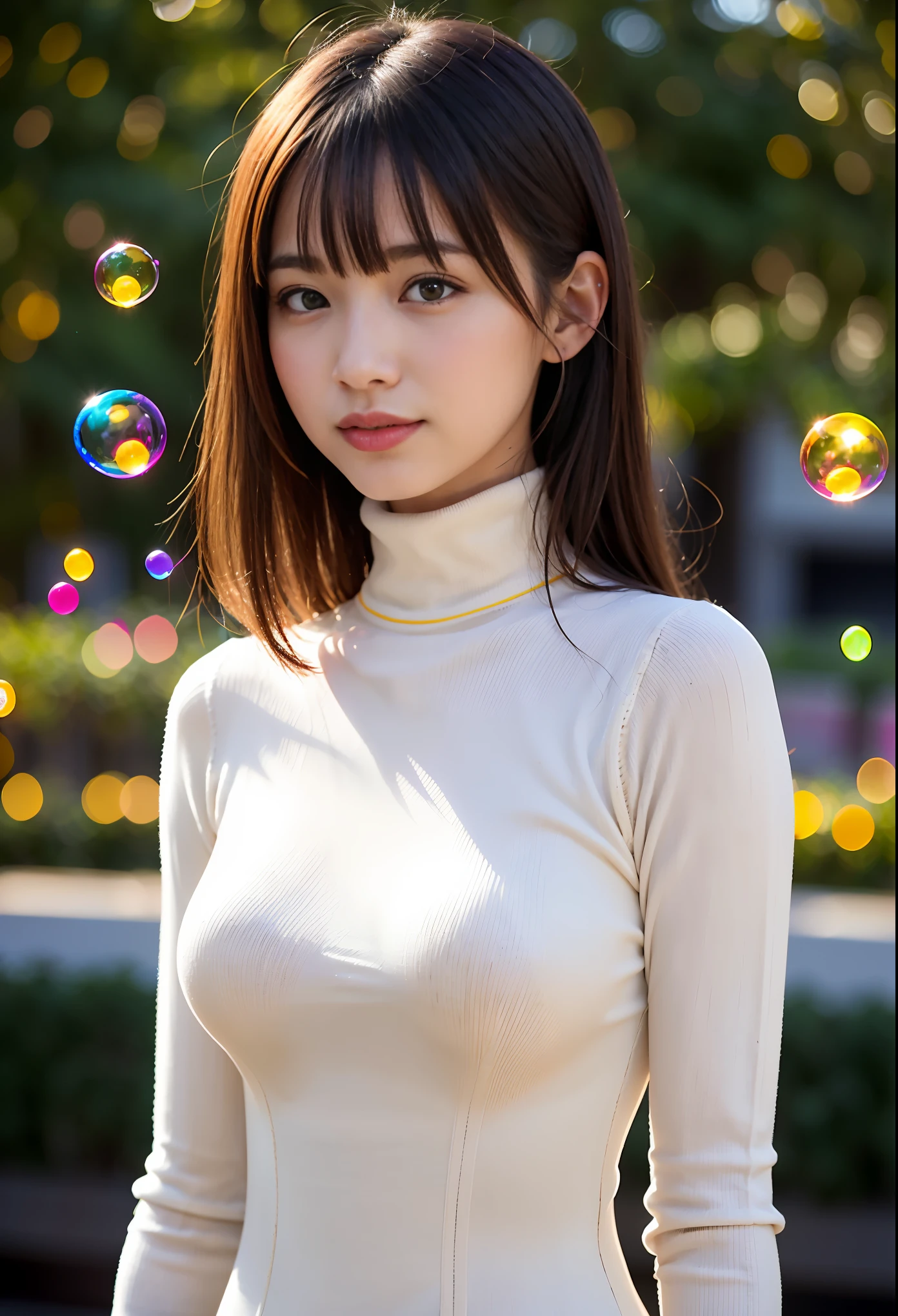 floating, (high color saturation), (background, (Colorful splash:1.3), (colorful bubbles:1.3), (shining:1.3), (colorful flowers:1.3), (colorful neon:1.3)), break, (1 girl), (18-year-old), 非常にbeautiful detailsな顔, smile shyly, Symmetrical black eyes, small breasts), break, (Red Hounstooth Court:1.4), (Off-White Turtleneck Sweater Dress:1.3), dark brown hair, half up hair, (detailed face:1.2), break, high quality, realistic, very detailed CG 統合 8k 壁紙, very detailed, High resolution raw color photos, professional photography, realistic portrait, cinematic light, beautiful details, Super detailed, advanced details, (((Bokeh))), Depth of bounds written, illumination, Super stylish lighting、beautiful big breasts