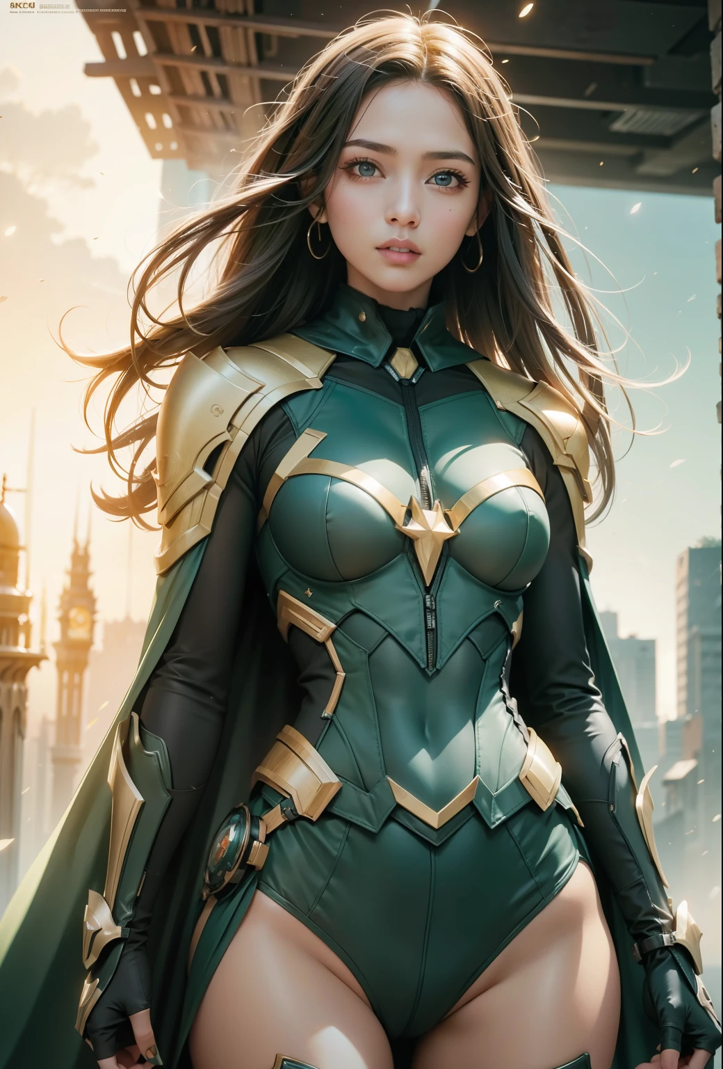 Waist up super heroine hot woman (masterpiece), best quality, expressive eyes, perfect face, art in fantasy mythic action effect, sharp focus, wearing super detailed suit with mechanicles part & hero cape