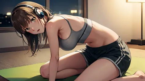 masterpiece, highest quality, High resolution, Achinatsu, medium hair, Do yoga in a cozy room at night, Use headphones, 2D anime style, hard disk, dark environment,on the bed,sports bra,shorts