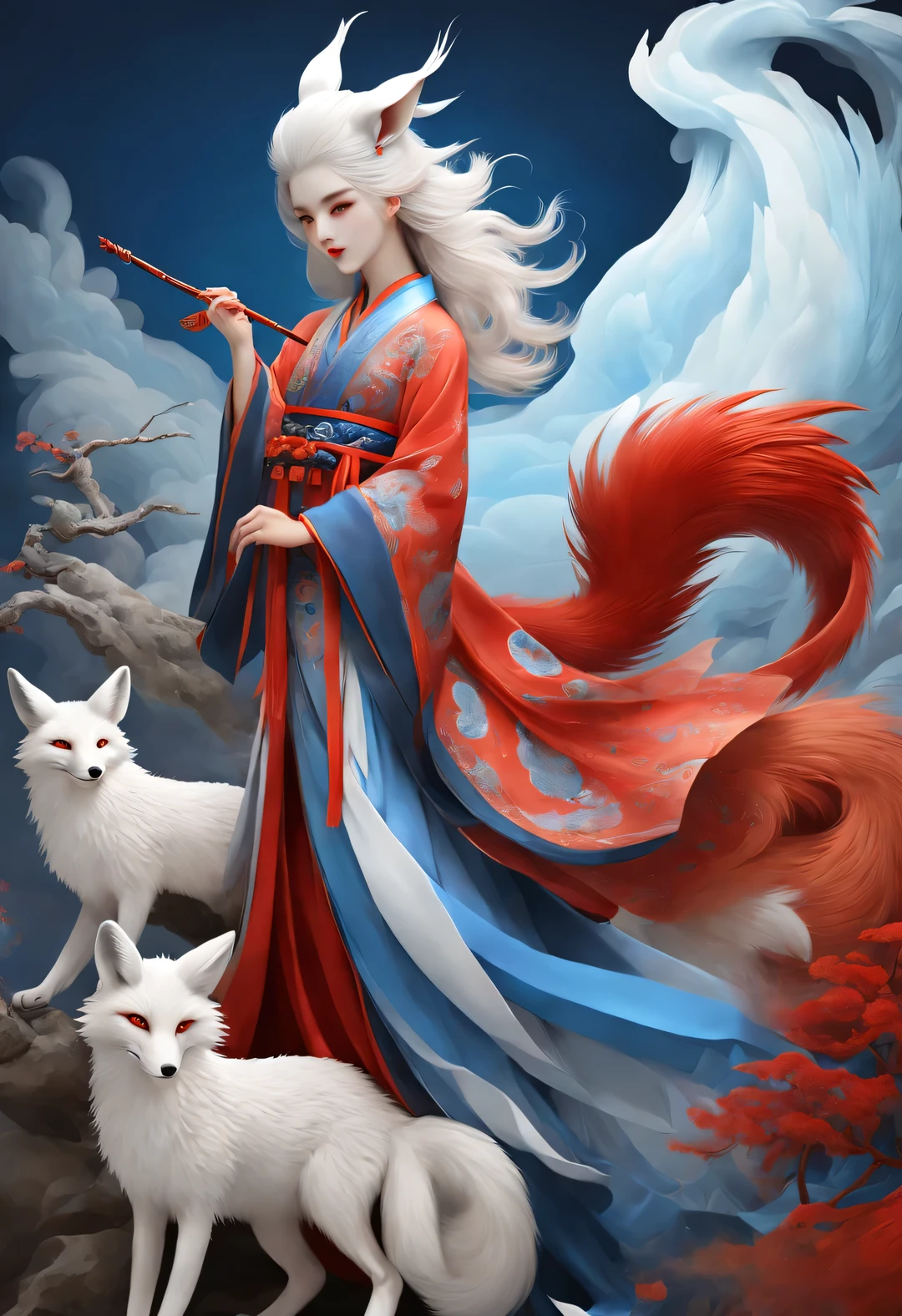 Pintura de moda roja y azul estilo Zbrush., estilo oriental, Suave realismo y detalles surrealistas., blue and sky blue tones (Un zorro con sólo nueve colas rojas y ojos azules.: 1.0), hermosa cara de zorro, pelo blanco, Muchas colas rojas esponjosas envueltas, Antiguas bestias míticas chinas, Clásico de Montañas y Mares, fantasía,