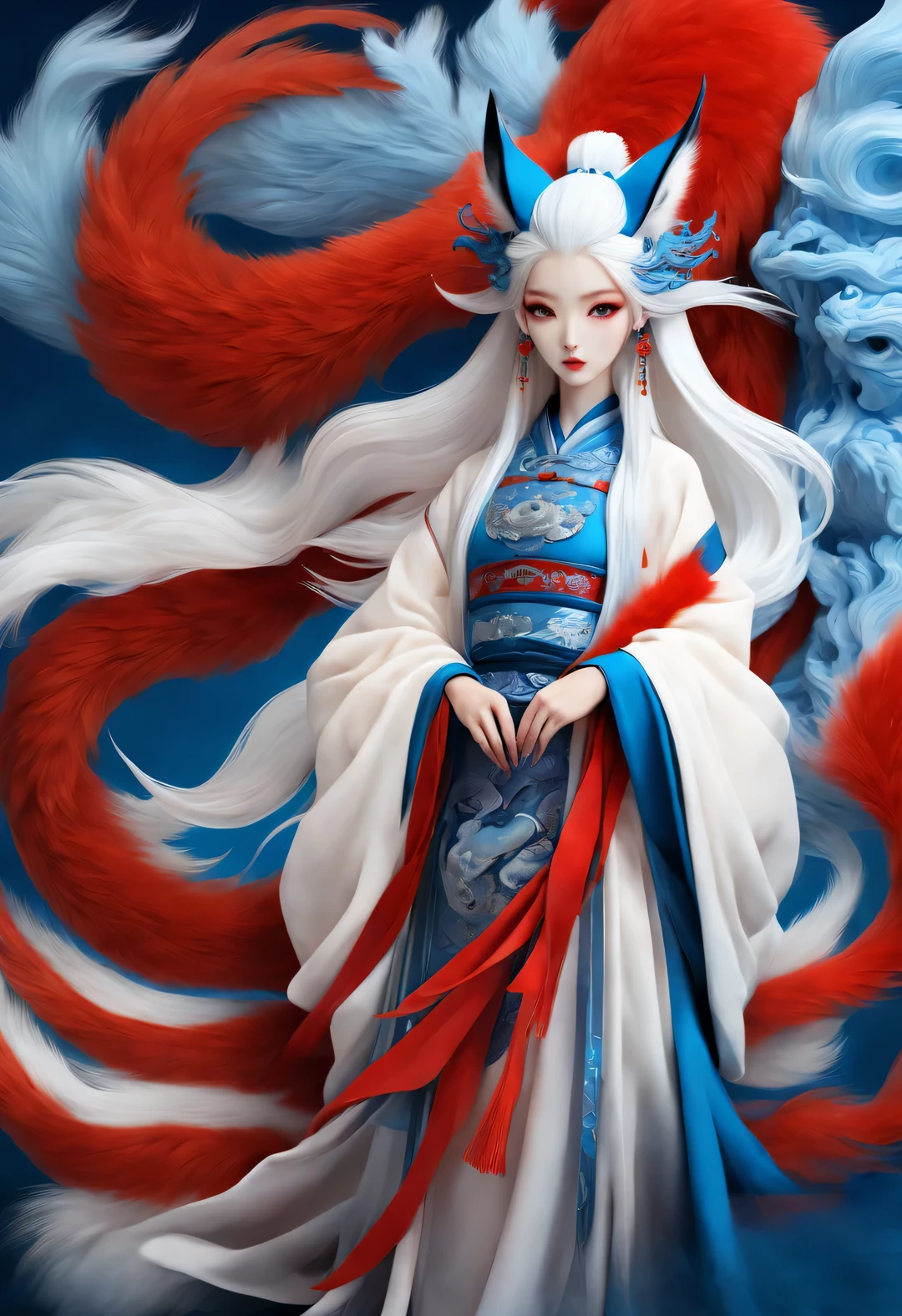 Zbrush style red and blue fashion painting, Oriental style, Soft realism and surreal details, blue and sky blue tones (A fox with only nine red tails and blue eyes: 1.0), fox beautiful face, white hair, Lots of fluffy red tails wrapped around, Ancient Chinese mythical beasts, Classic of Mountains and Seas, fantasy,