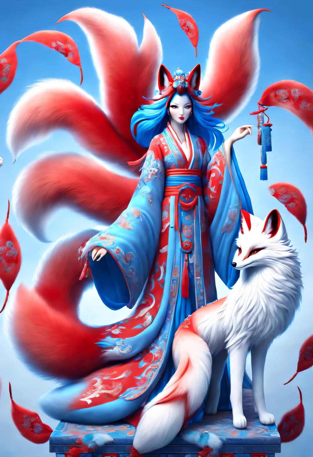 Zbrush スタイルの赤と青のファッション ペインティング, 東洋風, ソフトなリアリズムとシュールなディテール, 青と空色のトーン, (白髪、青い目、9つの赤い尾を持つキツネ), ふわふわの赤い尻尾がたくさん巻き付いている, 古代中国の神話上の獣, ファンタジー,