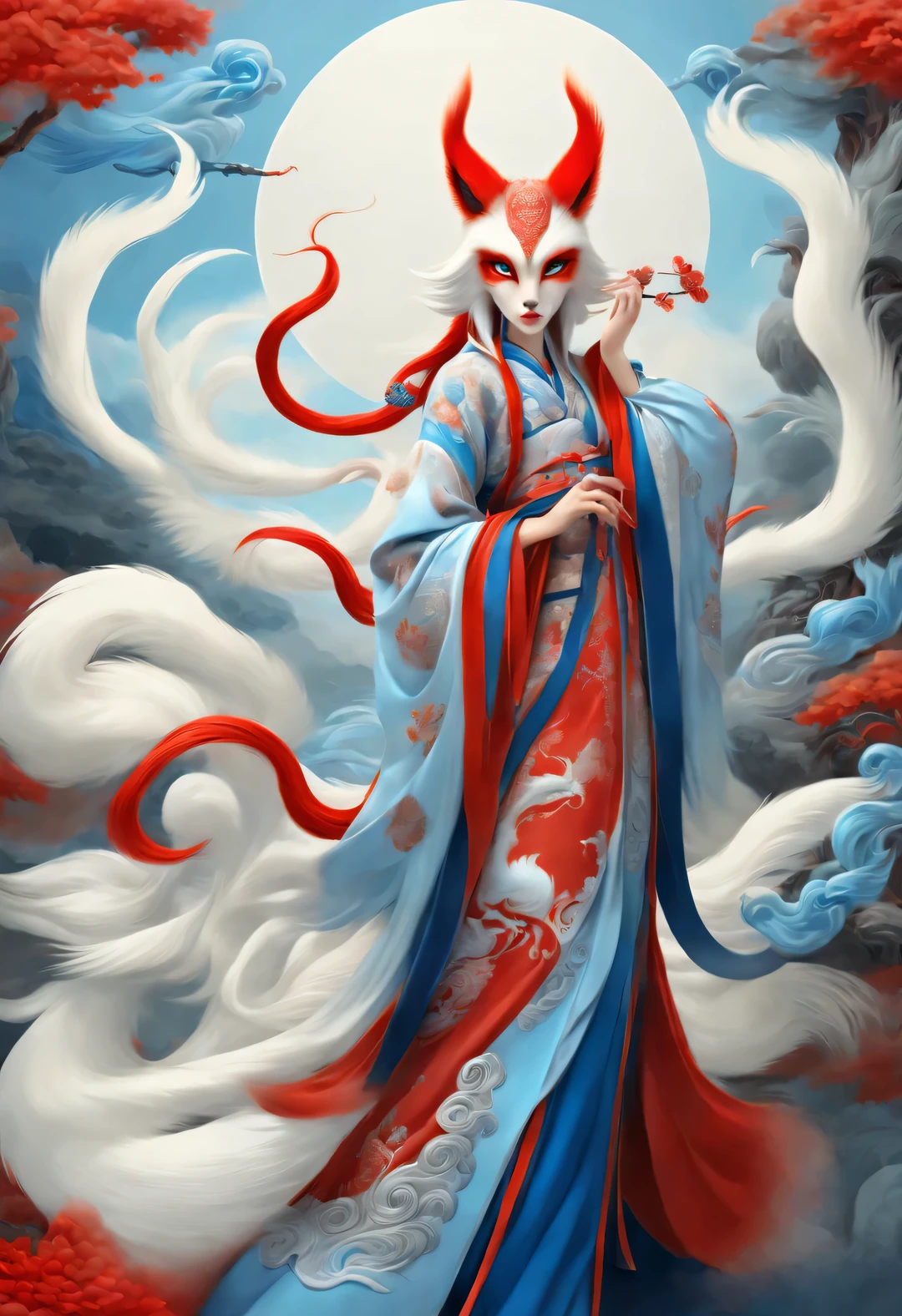 Pintura de moda roja y azul estilo Zbrush., estilo oriental, Suave realismo y detalles surrealistas., blue and sky blue tones (Un zorro con sólo nueve colas rojas y ojos azules.: 1.0), zorro hermoso rostro, pelo blanco, Muchas colas rojas esponjosas envueltas, Antiguas bestias míticas chinas, Clásico de Montañas y Mares, fantasía,