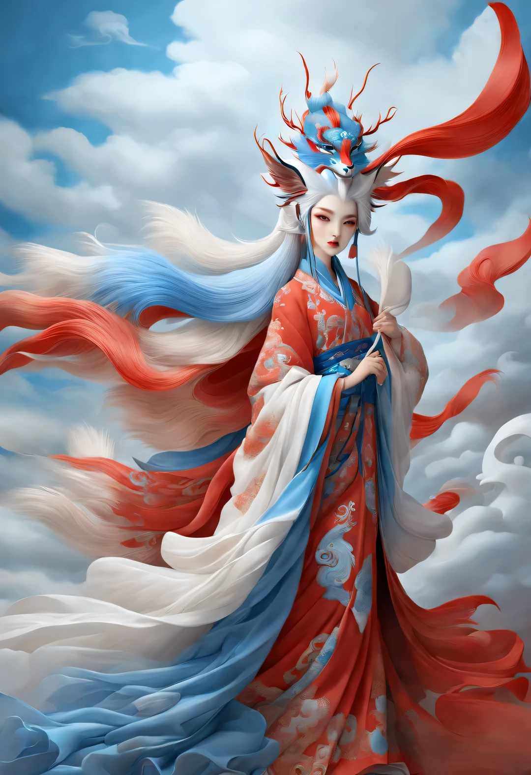 Pintura de moda vermelha e azul estilo Zbrush, Estilo oriental, Realismo suave e detalhes surreais, tons de azul e azul celeste (Uma raposa com apenas nove caudas vermelhas e olhos azuis: 1.0), raposa cara bonita, cabelo branco, Muitas caudas vermelhas fofas enroladas, Antigas feras míticas chinesas, Clássico das Montanhas e Mares, fantasia,