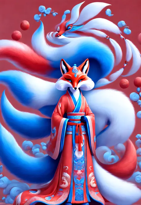 zbrush style red and blue fashion painting, oriental style, soft realism and surreal details, blue and sky blue tones, (a white ...