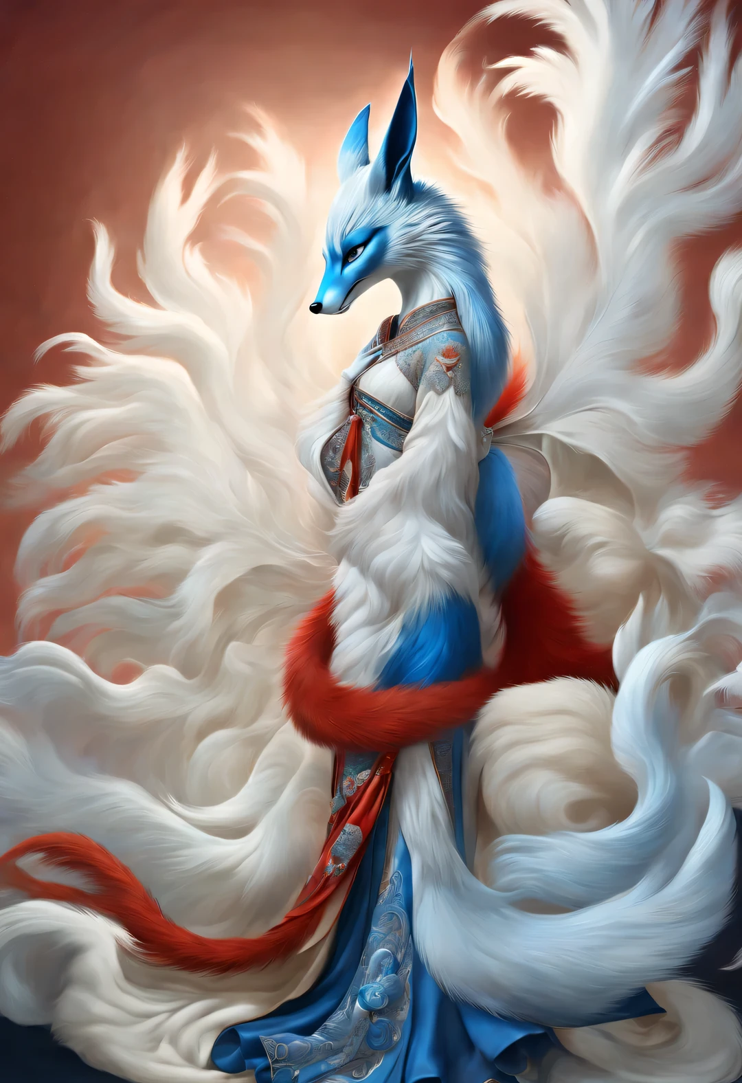 Zbrush style red and blue fashion painting, Oriental style, Soft realism and surreal details, blue and sky blue tones, (A white hair、blue eyes、Fox with nine red tails), Lots of fluffy red tails wrapped around, Ancient Chinese mythical beasts, fantasy,